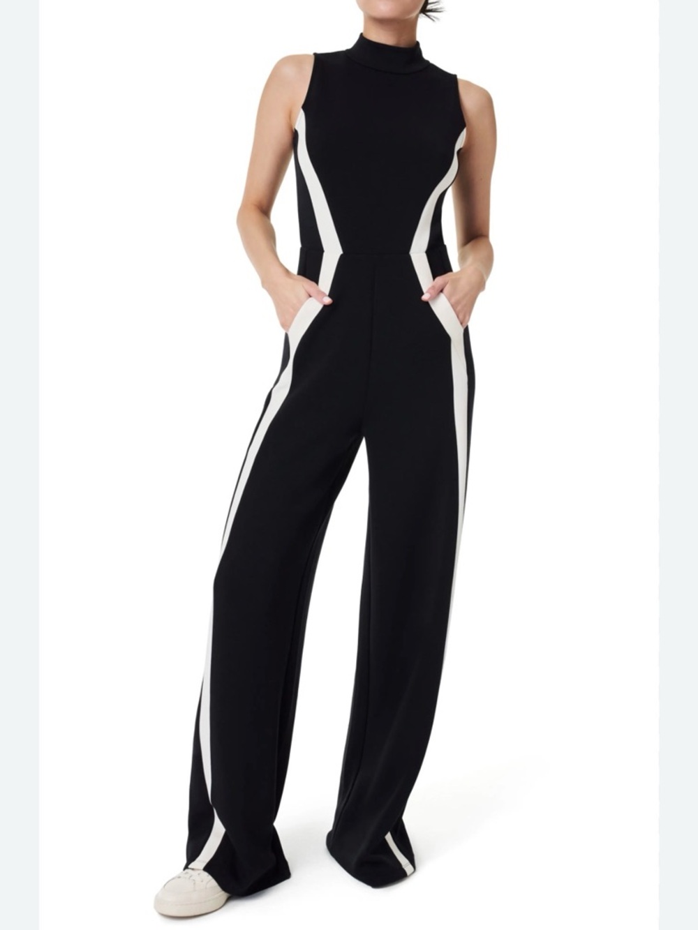 SPANX Black and White Sleeveless Mock-Neck Jumpsuit